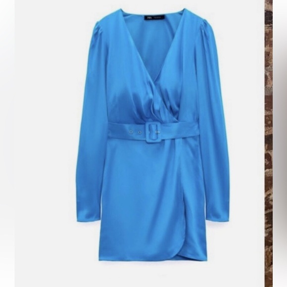 Zara Blue Ruffled Wrap Dress with Puff Sleeves - Picture 3 of 8